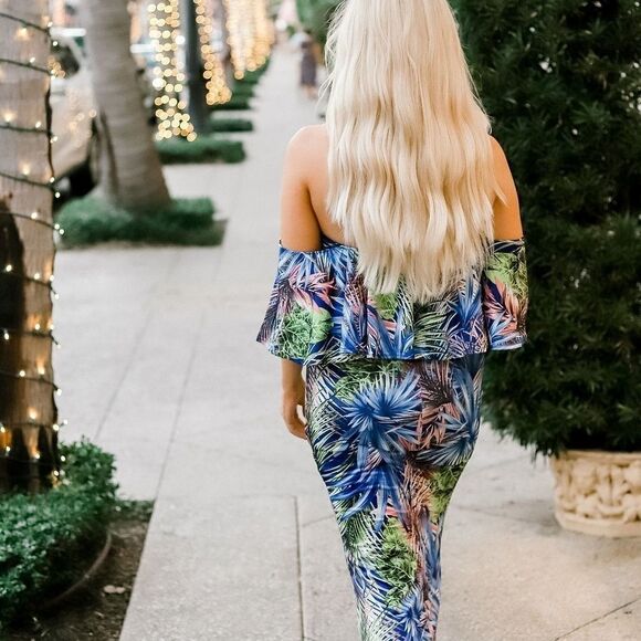 TROPICAL RUFFLE OFF THE SHOULDER DRESS - Picture 3 of 7